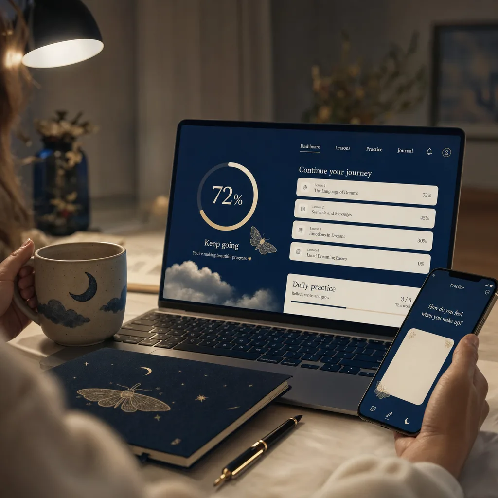 Inside the program: course dashboard with modules, lessons and reference guides